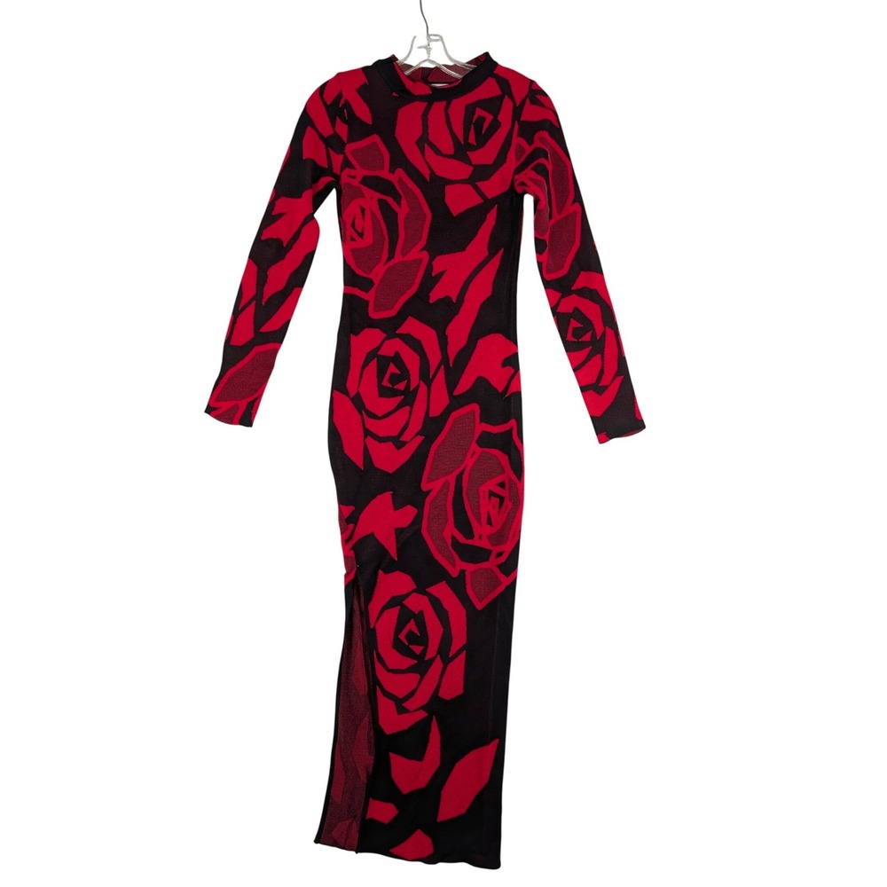 Madden Girl Rose Floral Bodycon Maxi Dress M Red Black Long Sleeve Slit